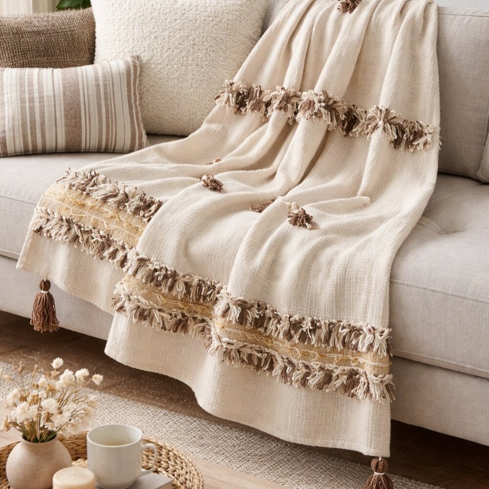 Ivory Bohemian Accent Fringe 48"x72" Throw Blanket